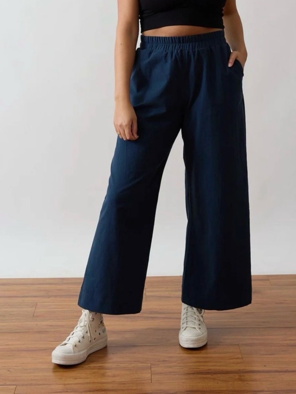 free label 100% linen high waisted wide leg flowy pants navy Large elastic
